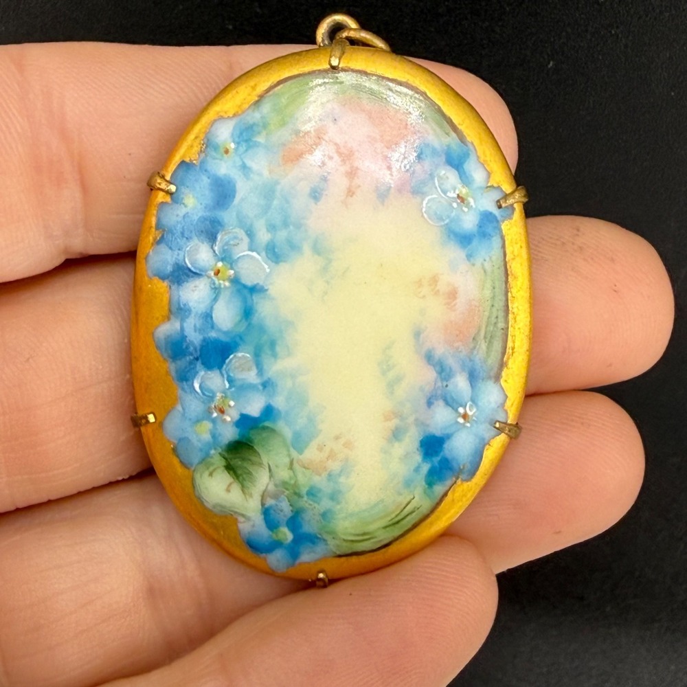 Vintage Estate Pendant Blue Hand Painted Flower Porcelain Victorian Oval